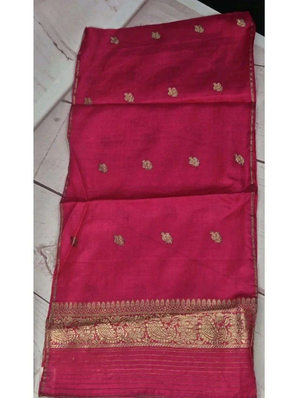 Hand Woven 100% Pure Silk MAGENTA PINK GOLD Made in India Saree Scarf @ 43